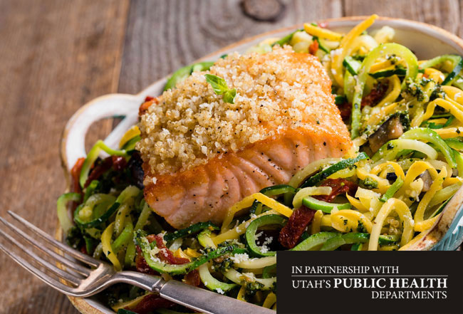 Quinoa-Crusted Salmon over Kale Pesto Squadoodles